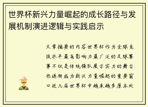 世界杯新兴力量崛起的成长路径与发展机制演进逻辑与实践启示